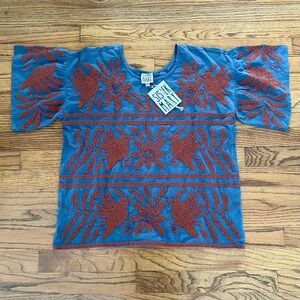 Sister Mary Luna Dee Embroidered Bird Top Grey Rust Women’s Size S/M BRAND NEW